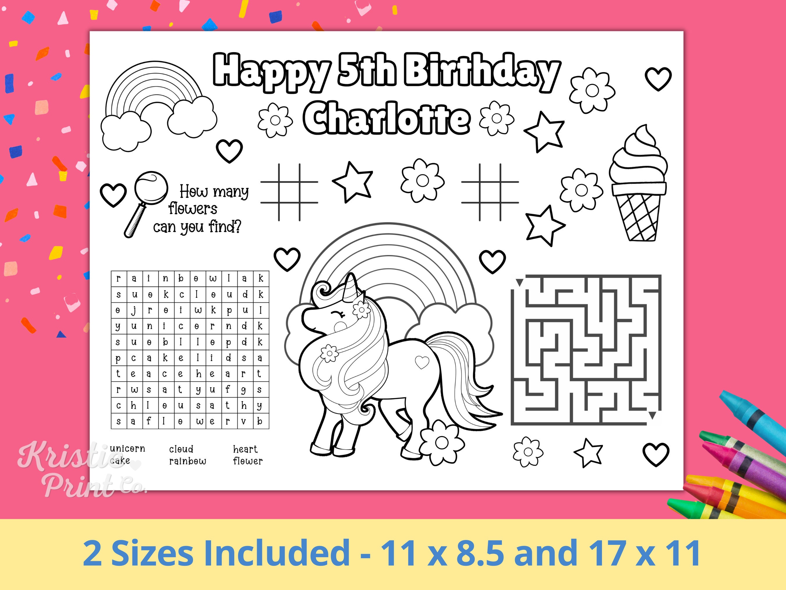 Editable Birthday Party Coloring Placemat, Unicorn Birthday, Unicorn ...
