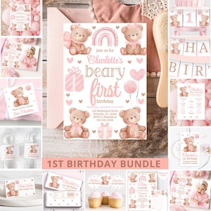 May include: A pink and brown first birthday party bundle with a bear theme. The bundle includes invitations, cupcake toppers, favor tags, water bottle labels, and a thank you card. The text on the invitation reads "Join us for Charlotte's Beary First Birthday".