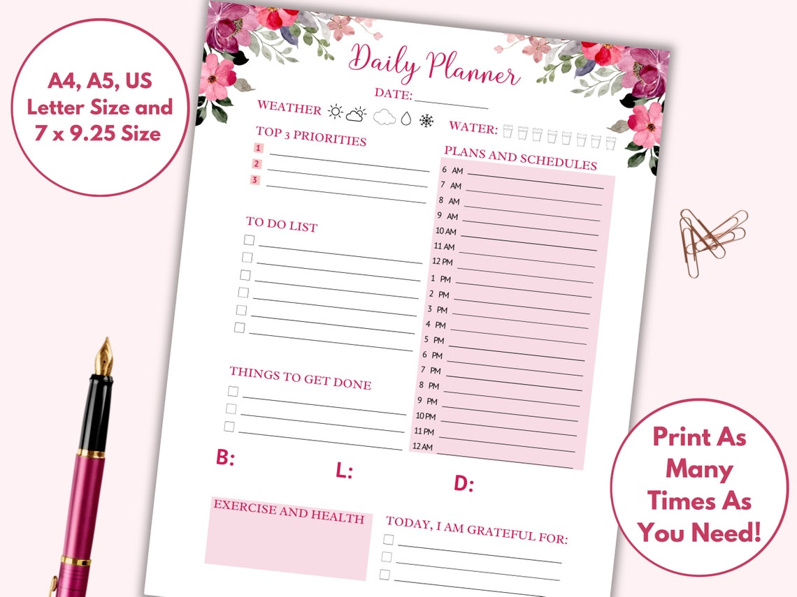 Planner Printable Hourly, Floral Planner Printable, Beautiful Planner ...