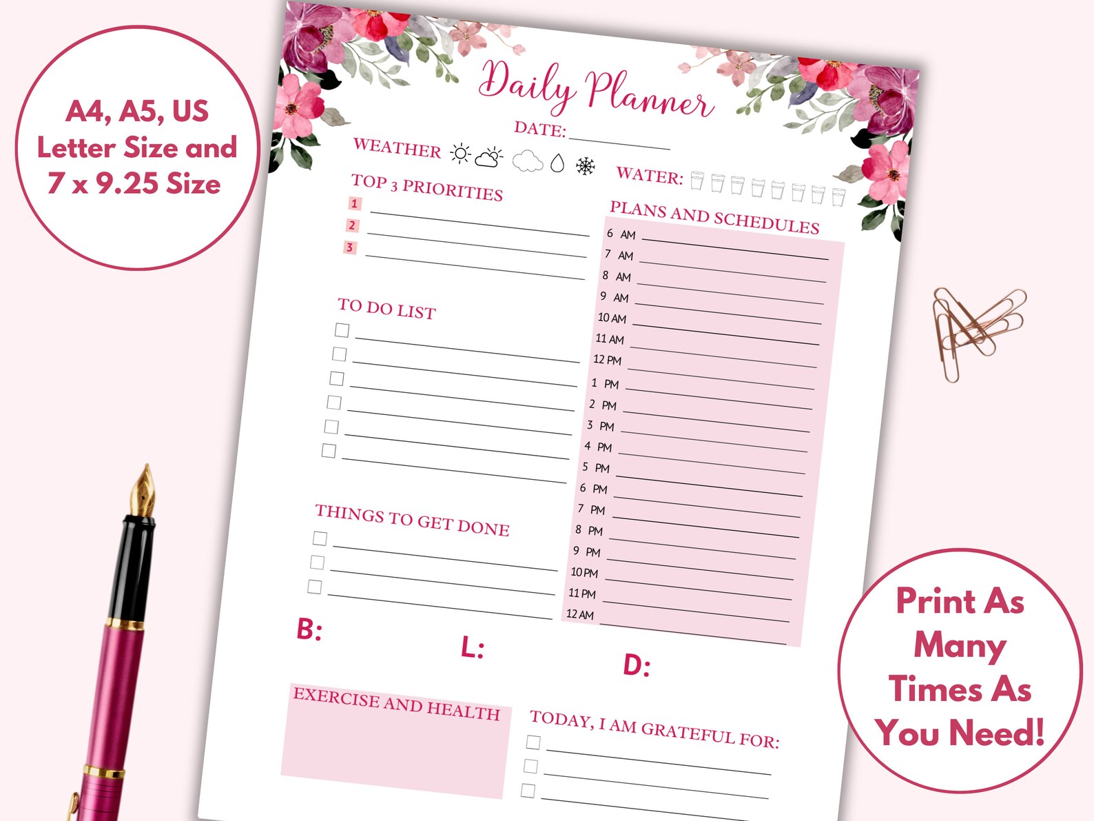 Planner Printable Hourly, Floral Planner Printable, Beautiful Planner ...