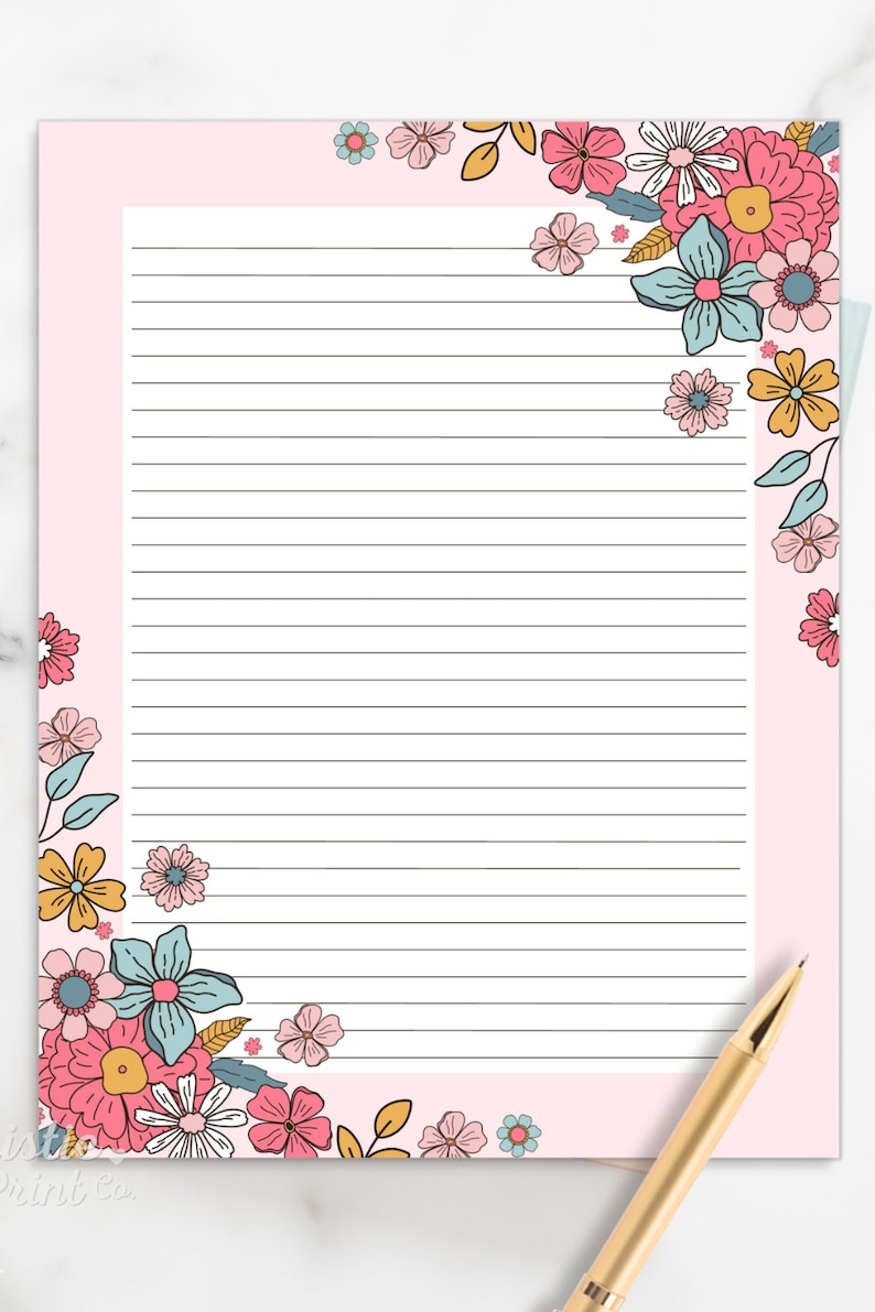 May include: Pink lined stationery paper with a floral border. The border features a variety of flowers in pink, blue, yellow, and white.