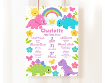 May include: A colorful poster featuring a child's first-year milestones. The design includes cartoon dinosaurs, a rainbow, and flowers. Text includes the child's name, "My First Year," and details like first words, favorite foods, and measurements.
