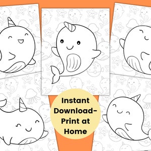 Narwhal Coloring Pages for Kids, Kids Party Games, Birthday Favor, Animal Coloring Sheet, Baby Shower Activities, Homeschool Printable