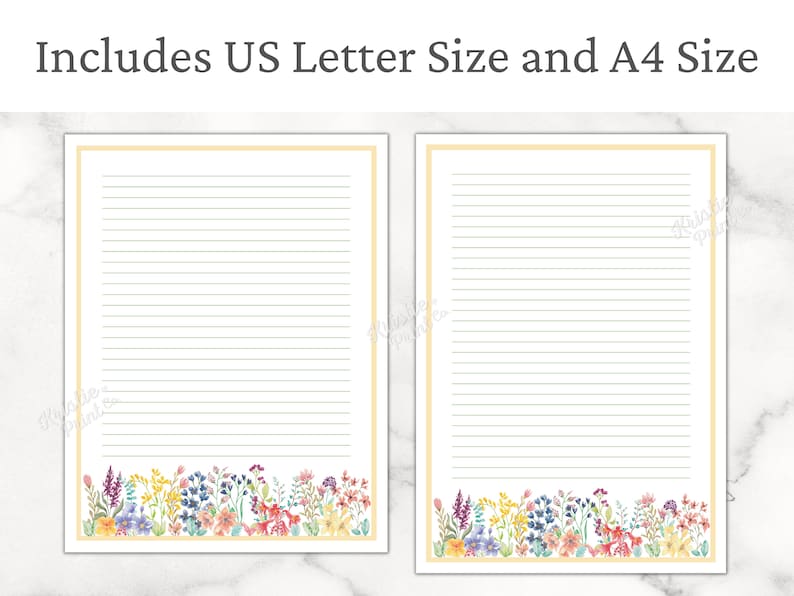 Op de afbeelding: Twee bedrukbare, gelinieerde briefpapierbladen met een bloemige rand. De rand bevat een verscheidenheid aan kleurrijke bloemen en groen. De tekst "Includes US Letter Size and A4 Size" staat bovenaan de afbeelding.