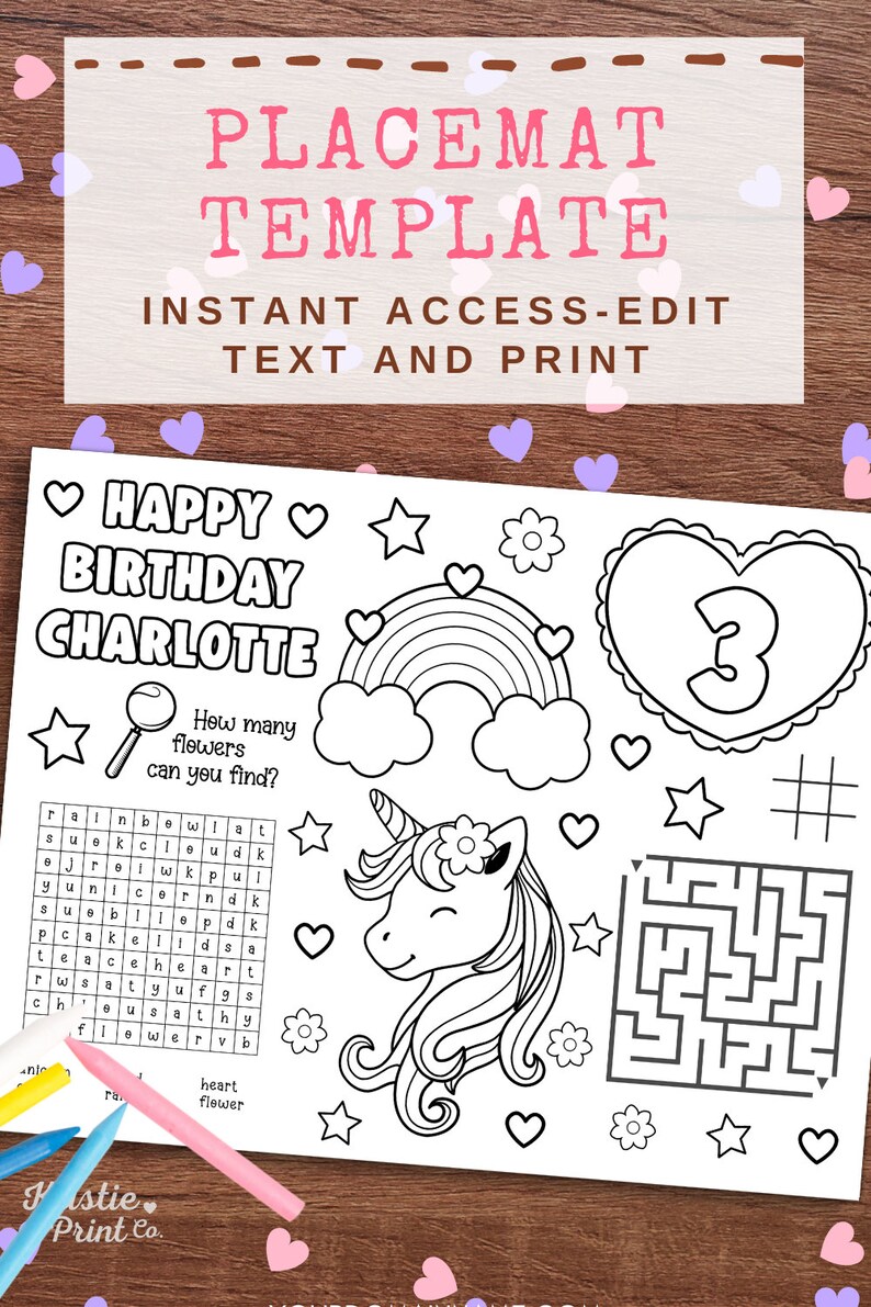 Editable Unicorn Placemat, Birthday Party Coloring Placemat, Unicorn ...