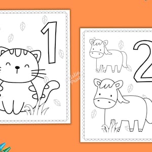 May include: Black and white colouring pages featuring the numbers 1 and 2 with a cat and two horses. The pages are designed for children to colour in.