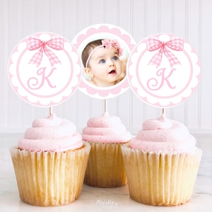 Pink Bow Cupcake Toppers  Pink Bow Party Decor Pink Bow Birthday Girl Cupcake Topper Cute Cupcake Decor Baby Girl Topper Cupcake Picks PINK1
