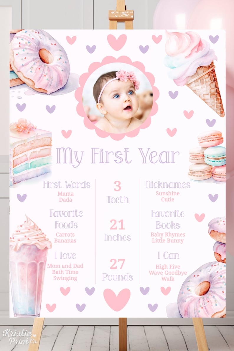 Puede incluir: Un cartel de primer cumplea&ntilde;os rosa y morado con una foto de una ni&ntilde;a. El cartel presenta ilustraciones de donas, conos de helado, cupcakes y macarons. El cartel incluye la edad del beb&eacute; en meses, el peso en libras, la altura en pulgadas, las primeras palabras, los alimentos favoritos, los libros favoritos y las cosas que el beb&eacute; puede hacer.