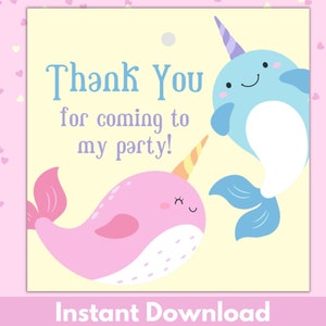 Narwhal Favor Tags, Narwhal Birthday Thank you Tags, Narwhal Gift Tag, Narwhal Thank You Card, Narwhal Birthday Party, Party Decor Printable