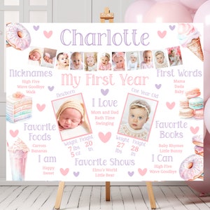 Plantilla de foto de bebé de un año de tablero de fotos, Póster de 1.er cumpleaños, Plantilla de hito de un dulce cumpleaños, 1.er cumpleaños de niña, Cumpleaños en colores pastel SWE1