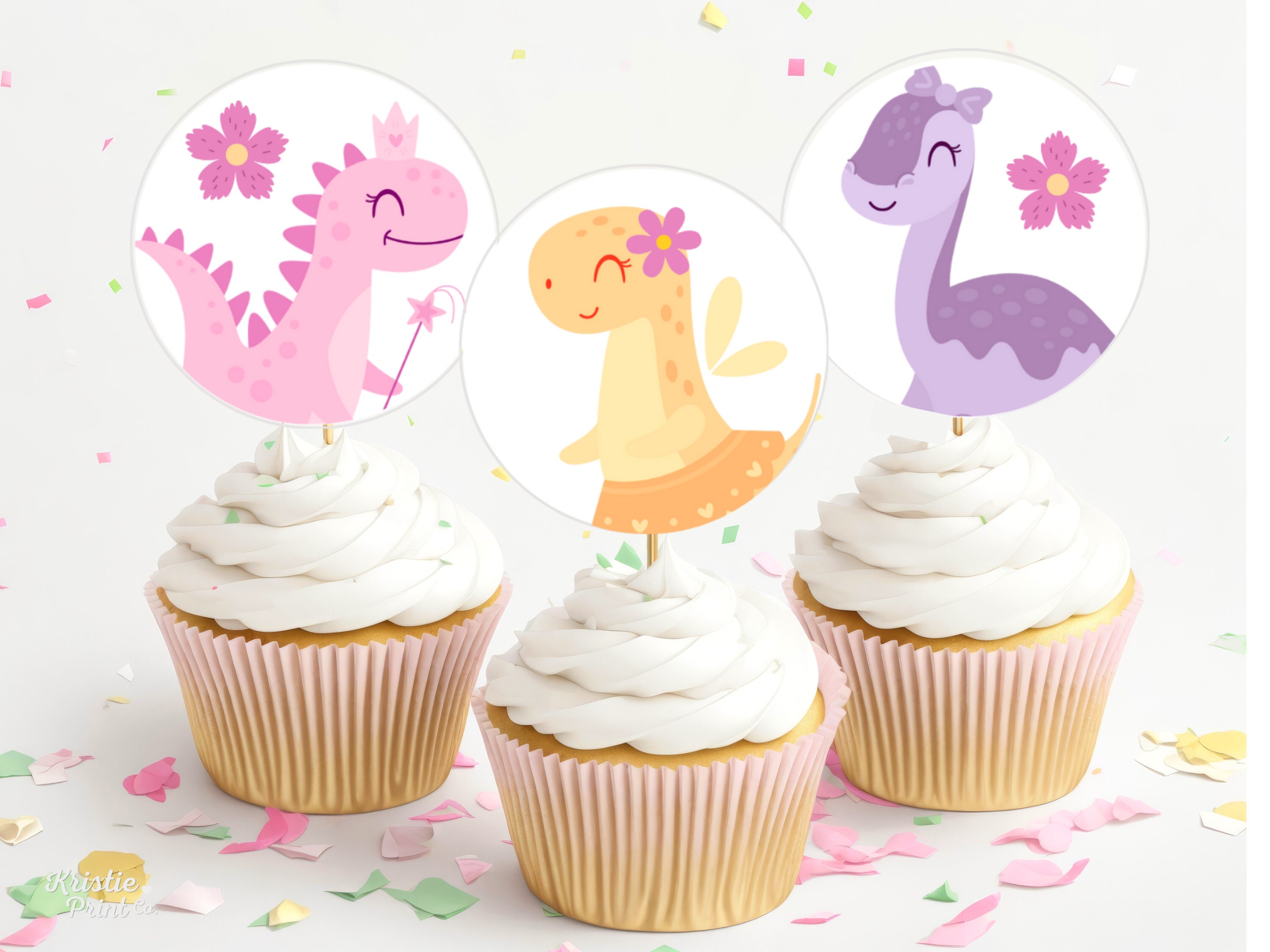 Dinosaur Cupcake Topper Girl Pastel Dinosaur Cupcake Toppers Three Rex ...