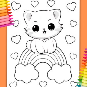 May include: A black and white coloring page featuring a cute cartoon cat sitting on a rainbow. The cat has big eyes and a happy expression. There are hearts scattered around the cat and rainbow.