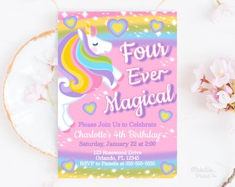 4th Birthday Invitation Girl Rainbow Unicorn Four Ever Magical Invitation Unicorn Rainbow Invitation Template Unicorn 4Th Birthday Cute UNI7