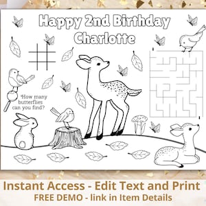 Editable Birthday Party Coloring Placemat, Woodland Birthday Party, Forest Animals Coloring Page, Happy Birthday Coloring Page Editable