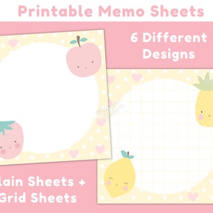 Printable Memo Pad, Fruit Memo Sheets, Cute Printable Notepad, Kawaii Stationery Printable, Cute Stationery Printables, Instant Download