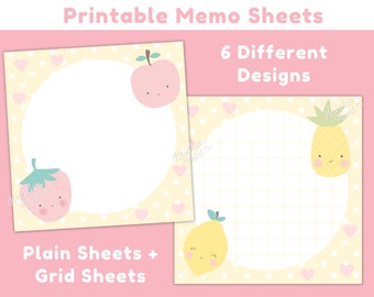 Printable Memo Pad, Fruit Memo Sheets, Cute Printable Notepad, Kawaii Stationery Printable, Cute Stationery Printables, Instant Download