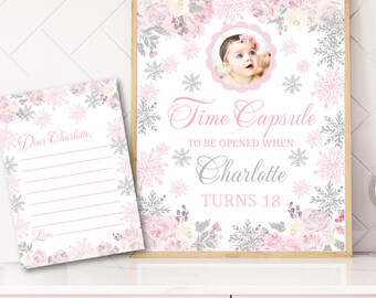 May include: Pink and silver time capsule printable with a snowflake and floral design. The text reads "Time Capsule To Be Opened When Charlotte Turns 18". A separate printable sheet says "Dear Charlotte, Love," with lines for writing.