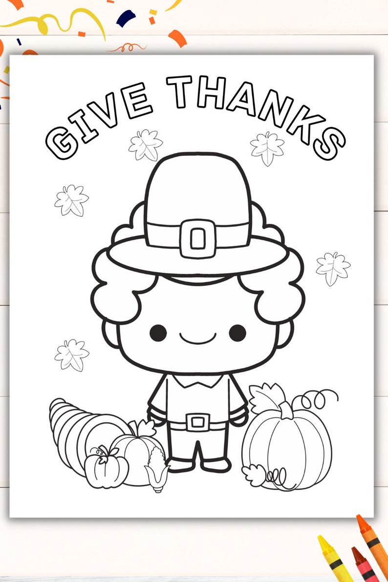 May include: A black and white coloring page featuring a pilgrim with a hat and a large buckle, holding a cornucopia and a pumpkin. The text "GIVE THANKS" is at the top of the page.