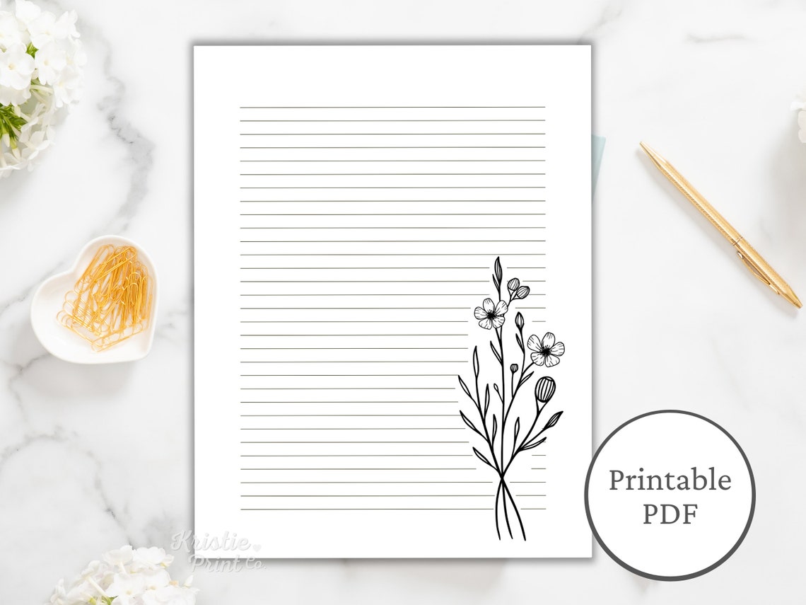 Printable Stationery Set Black and White Floral Lined Paper Etsy