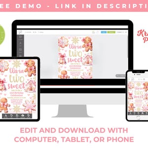 May include: A digital invitation for a girl's second birthday party. The invitation features a gingerbread girl with pink and gold accents, and the text "Olivia is Two Sweet".