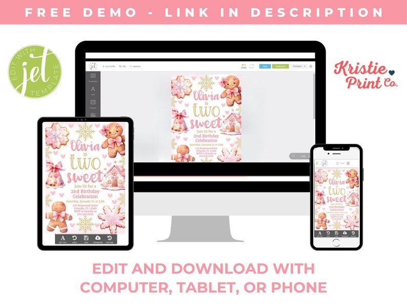 May include: A digital invitation for a girl's second birthday party. The invitation features a gingerbread girl with pink and gold accents, and the text "Olivia is Two Sweet".