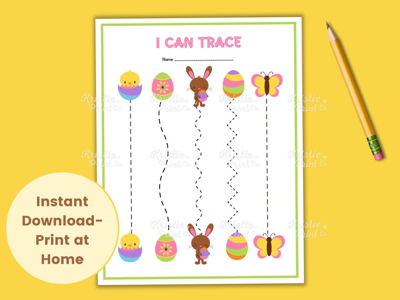May include: Printable Easter-themed tracing worksheet for kids. The worksheet features a chick, bunny, and butterfly, each with a dotted line to trace. The worksheet is titled "I Can Trace" and has a space for a name.