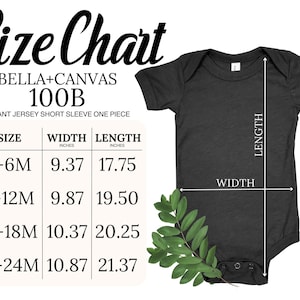 May include: A black infant jersey short sleeve one-piece with a size chart. The size chart shows measurements in inches for sizes 3-6M, 6-12M, 12-18M, and 18-24M. The width ranges from 9.37 to 10.87 inches, and the length ranges from 17.75 to 21.37 inches.