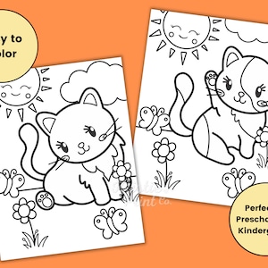 May include: Black and white coloring page featuring two cute cats with butterflies and flowers. The text "Easy to Color" is at the top of the page. The text "Perfect for Preschool and Kindergarten" is at the bottom of the page.