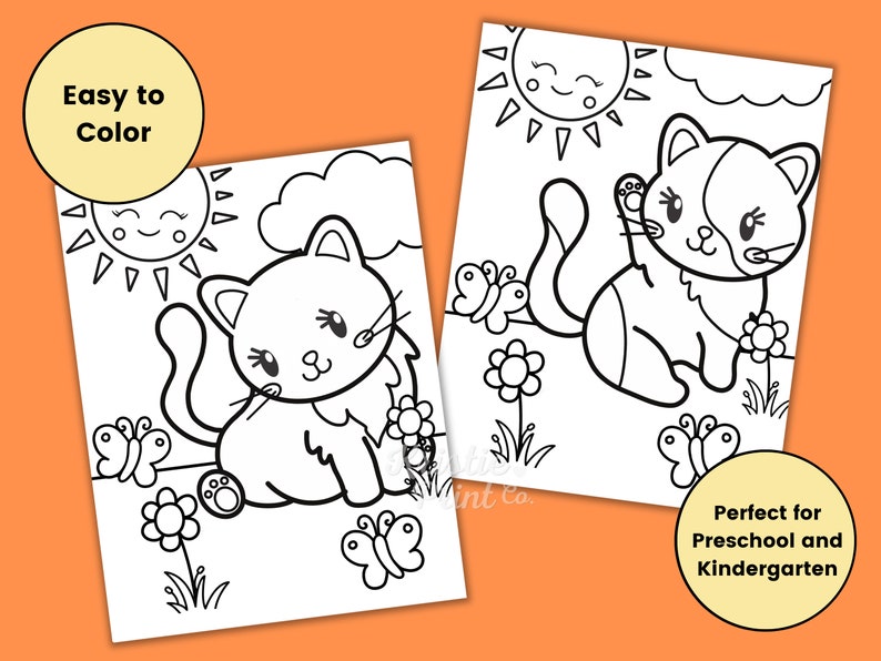 May include: Black and white coloring page featuring two cute cats with butterflies and flowers. The text "Easy to Color" is at the top of the page. The text "Perfect for Preschool and Kindergarten" is at the bottom of the page.