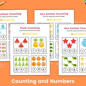 May include: A printable worksheet for kids to practice counting. The worksheet features colorful illustrations of sea animals, fruit, and stars. The worksheet includes the text "Sea Animal Counting", "Fruit Counting", and "Counting and Numbers".