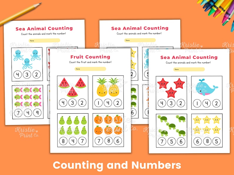 May include: A printable worksheet for kids to practice counting. The worksheet features colorful illustrations of sea animals, fruit, and stars. The worksheet includes the text "Sea Animal Counting", "Fruit Counting", and "Counting and Numbers".
