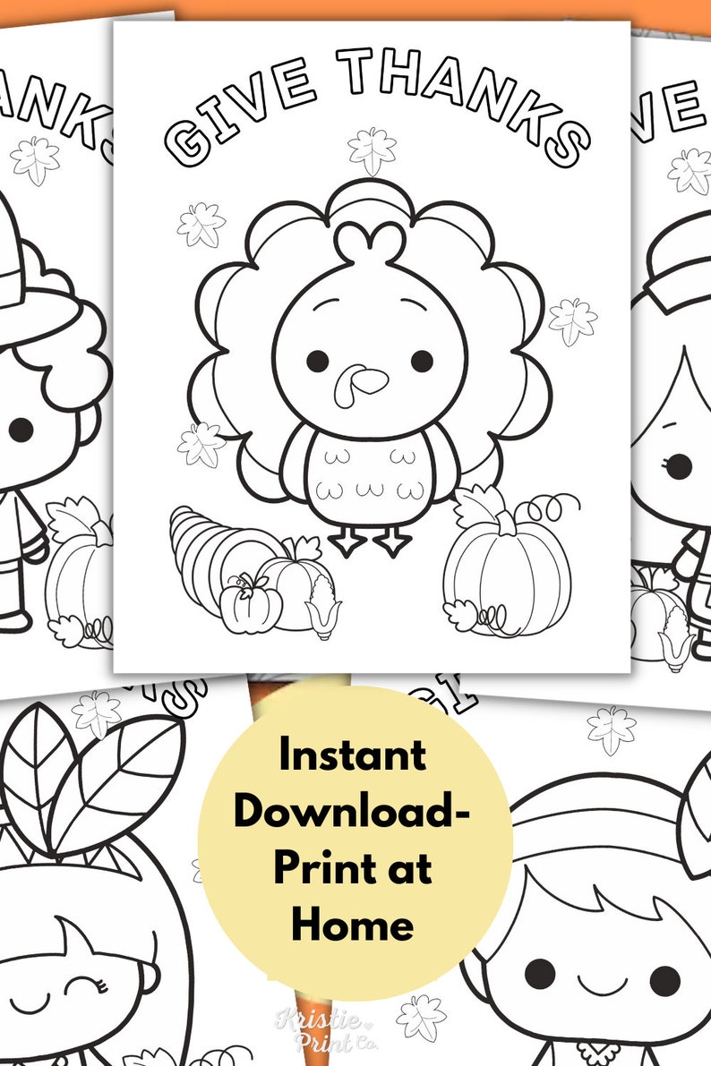 May include: Black and white coloring page featuring a cartoon turkey with a cornucopia and pumpkins. The text "GIVE THANKS" is at the top of the page.  This printable coloring page is perfect for Thanksgiving.