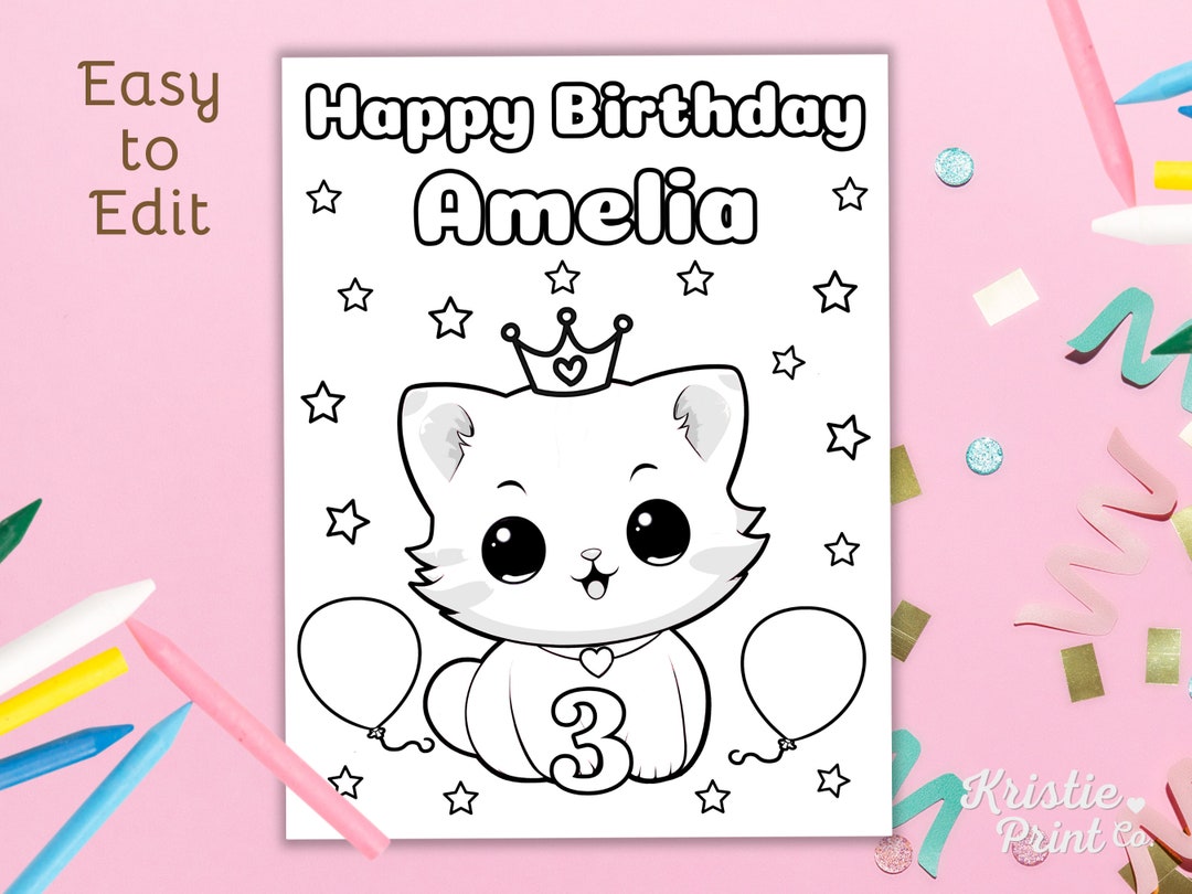 Editable Cat Birthday Coloring Page Printable Birthday Activity Custom Coloring Page Cat ...