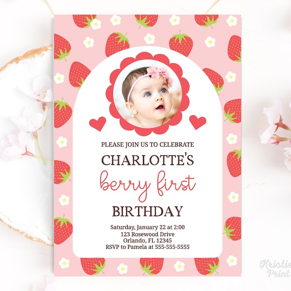 Berry First Birthday Invite with Picture My Berry First Birthday Invitation Girl Strawberry Theme Birthday First Birthday Party Decor STRAW2