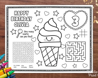Editable Ice Cream Placemat, Ice Cream Coloring Page for Kids, Kids Party Games, Ice Cream Birthday Favors, Ice Cream Party Printable