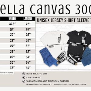 May include: A product image featuring a size chart for a unisex jersey short sleeve tee. The chart lists sizes XS to 5XL with width and length measurements in inches. The image also shows a white and black t-shirt, blue jeans, and sneakers.