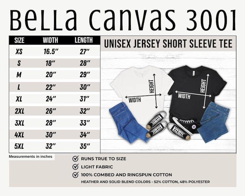May include: A product image featuring a size chart for a unisex jersey short sleeve tee. The chart lists sizes XS to 5XL with width and length measurements in inches. The image also shows a white and black t-shirt, blue jeans, and sneakers.