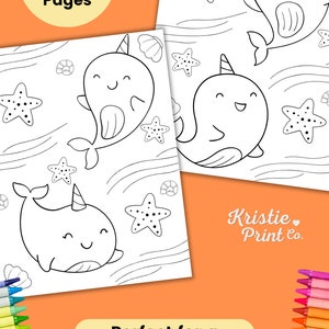 Puede incluir: Tres p&aacute;ginas para colorear en blanco y negro con narvales con caras sonrientes y estrellas de mar. El texto "3 Coloring Pages" est&aacute; en la parte superior de la p&aacute;gina. El texto "Perfect for a Narwhal Party!" est&aacute; en la parte inferior de la p&aacute;gina.