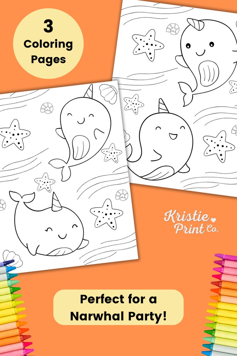 Puede incluir: Tres p&aacute;ginas para colorear en blanco y negro con narvales con caras sonrientes y estrellas de mar. El texto "3 Coloring Pages" est&aacute; en la parte superior de la p&aacute;gina. El texto "Perfect for a Narwhal Party!" est&aacute; en la parte inferior de la p&aacute;gina.