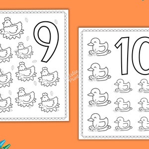 May include: Black and white printable colouring page featuring the numbers 9 and 10 with images of nine chicks in nests and ten ducks in ponds.