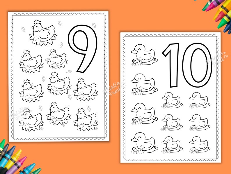 May include: Black and white printable colouring page featuring the numbers 9 and 10 with images of nine chicks in nests and ten ducks in ponds.