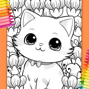 May include: A black and white coloring page featuring a cute cartoon cat with big eyes and a bow tie. The cat is surrounded by flowers.