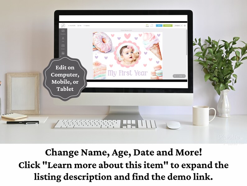 Puede incluir: Una pantalla de ordenador que muestra una plantilla de dise&ntilde;o digital rosa y morada para un primer cumplea&ntilde;os. La plantilla presenta una foto de un beb&eacute;, una dona, un cono de helado y macarons. El texto "My First Year" se muestra en la plantilla. El texto "Edit on Computer, Mobile, or Tablet" se muestra en la pantalla.