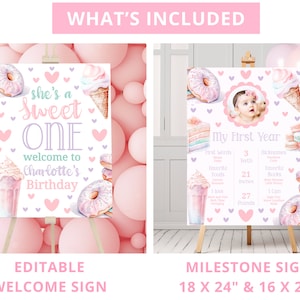 Sweet One Birthday Bundle Sweet One Party 1St Birthday Bundle Girl First Birthday Decor Editable Templates Ice Cream Donut Invitation SWE1 image 2