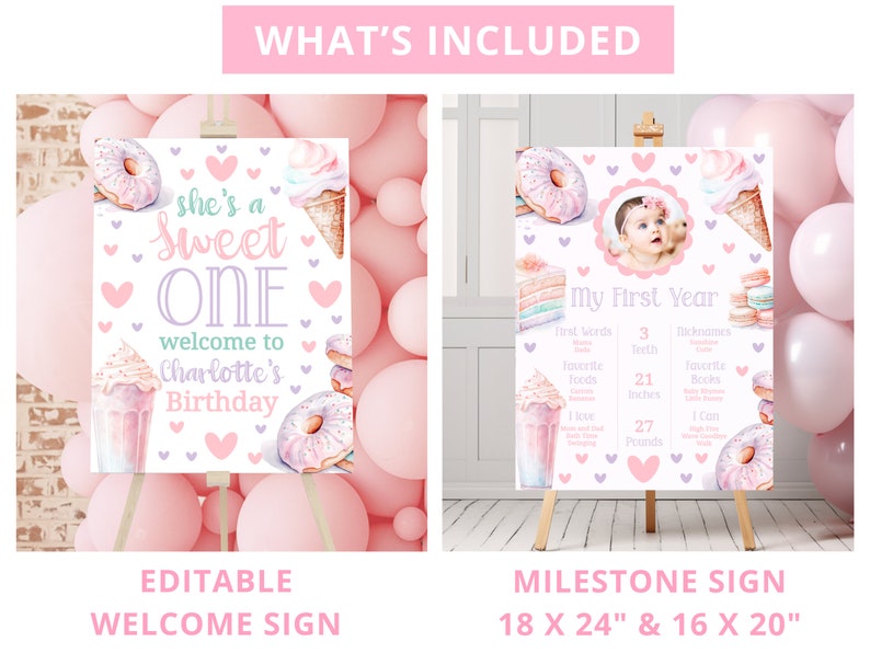 Sweet One Birthday Bundle Sweet One Party 1St Birthday Bundle Girl First Birthday Decor Editable Templates Ice Cream Donut Invitation SWE1 image 2