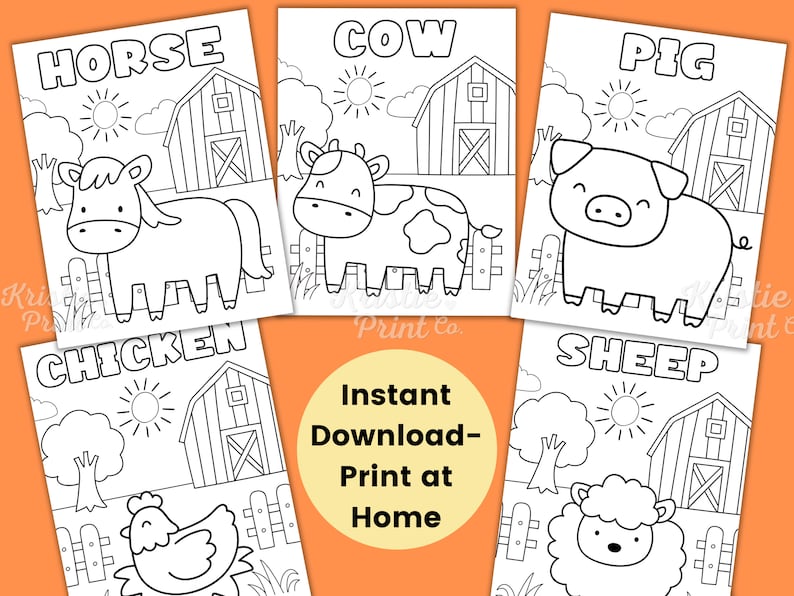 Puede incluir: P&aacute;ginas para colorear imprimibles en blanco y negro con animales de granja, incluyendo un caballo, una vaca, un cerdo, un pollo y una oveja. Cada p&aacute;gina incluye el nombre del animal y una ilustraci&oacute;n simple del animal en un entorno de granja.
