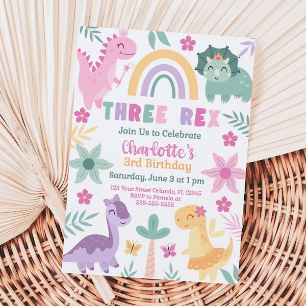 Three Rex Birthday Invitation Girl 3 Rex Invite Dinosaur Birthday Dinosaur Invitation Digital Download 3Rd Birthday Girl Dinosaur Party DIN2