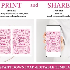 Puede incluir: Plantilla de invitaci&oacute;n rosa con tem&aacute;tica de rodeo con ilustraciones de sombrero de vaquero, herradura y botas. El texto dice "Saddle Up For Emma's First Rodeo". La imagen tambi&eacute;n muestra un tel&eacute;fono que muestra la invitaci&oacute;n e instrucciones.