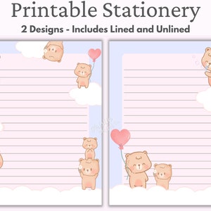 Pode incluir: Pap&eacute;is de carta imprim&iacute;veis com dois designs em fundo rosa e azul. Um design tem um fundo listrado com ursos marrons fofinhos segurando flores e cora&ccedil;&otilde;es. O outro design tem um fundo sem listras com um urso marrom soprando bolhas. Ambos os designs incluem nuvens.