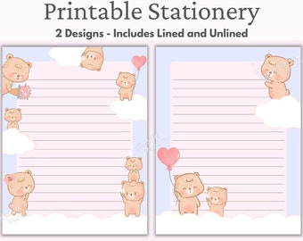 May include: Printable stationery featuring two designs with a pink and blue background. One design has a lined background with cute brown bears holding flowers and hearts. The other design has an unlined background with a brown bear blowing bubbles. Both designs include clouds.